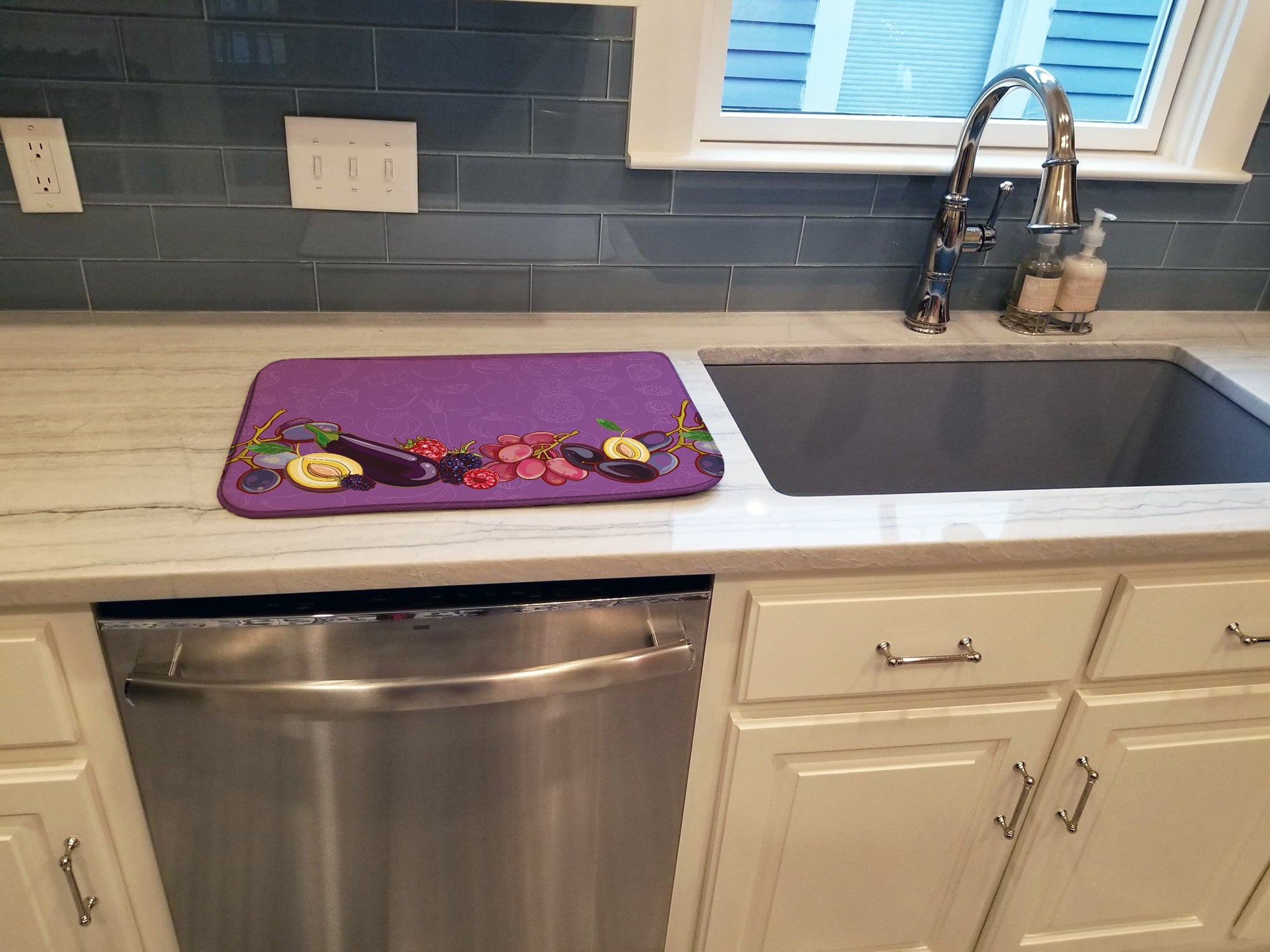 Fruits and Vegetables in Purple Dish Drying Mat Absorbent Dish Drying Mat Pad for Kitchen Counter Dish Drainer Mat for Countertop, 14 x 21", Multicolor