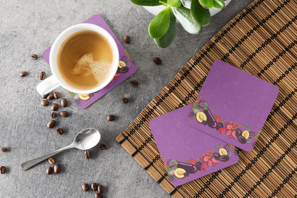 Fruits and Vegetables in Purple Foam Coasters Set of 4 Cup Coasters for Indoor Outdoor, Tabletop Protection, Anti Slip, Mouse pad Material