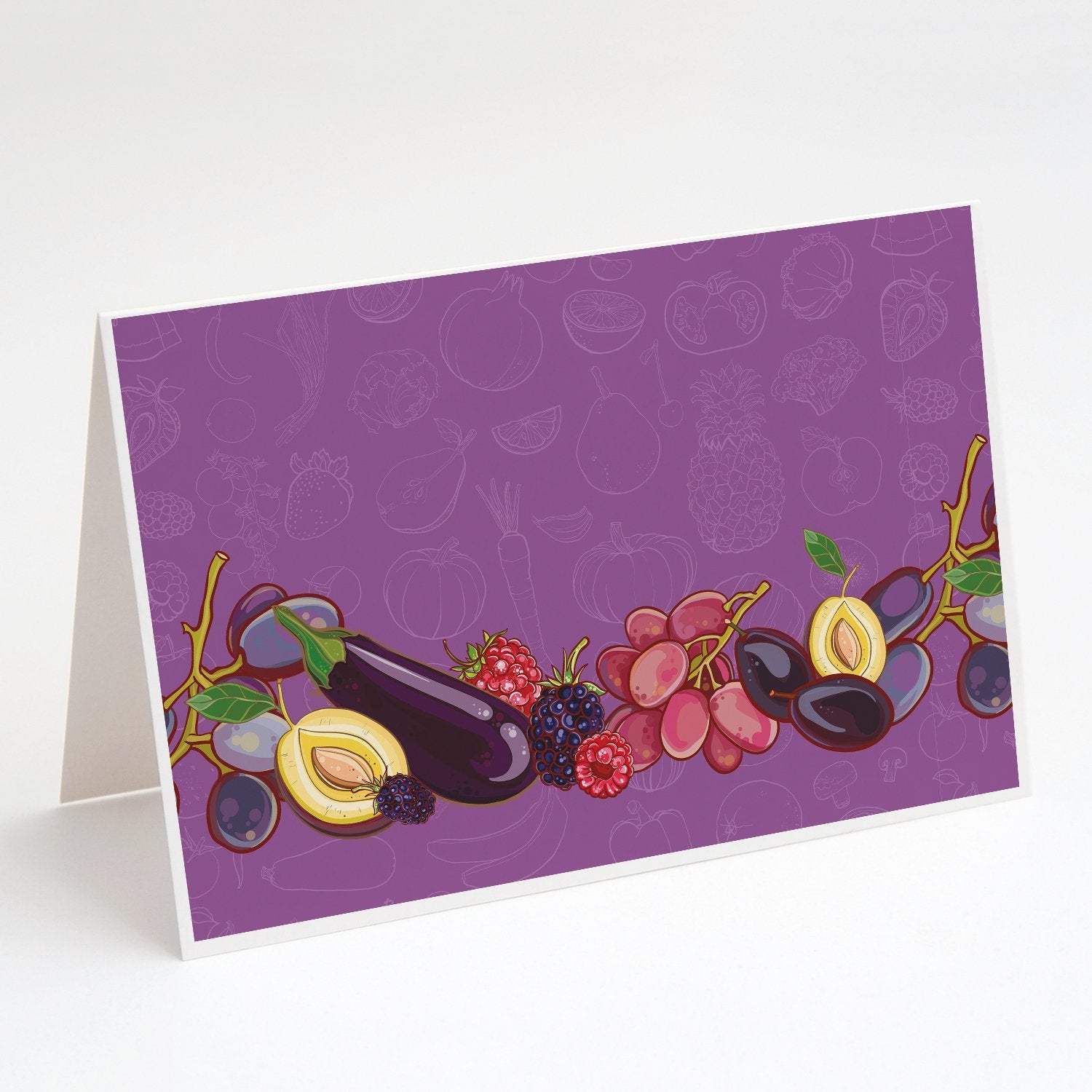 Fruits and Vegetables in Purple Greeting Cards Pack of 8 Blank Cards with Envelopes Whimsical A7 Size 5x7