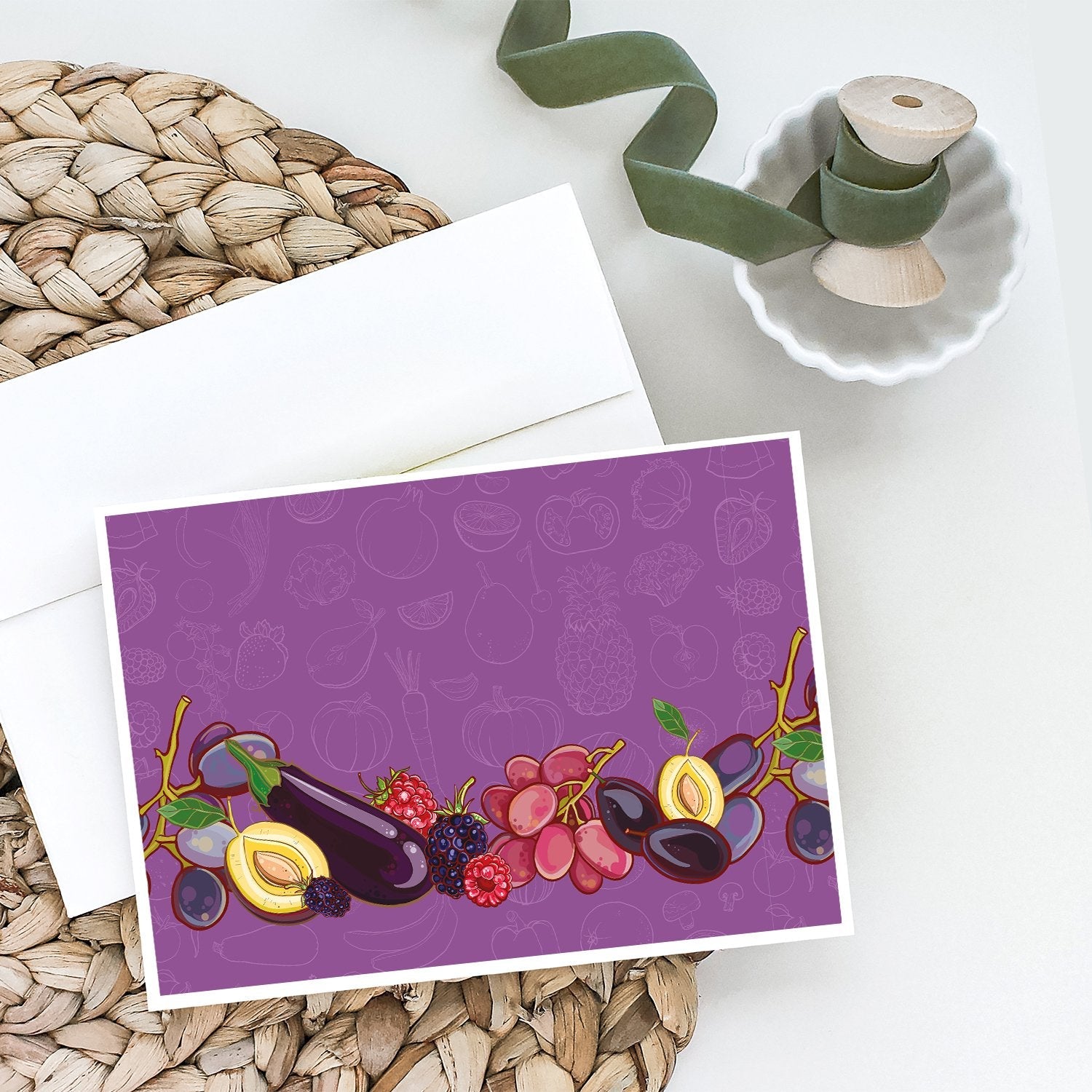 Fruits and Vegetables in Purple Greeting Cards Pack of 8 Blank Cards with Envelopes Whimsical A7 Size 5x7