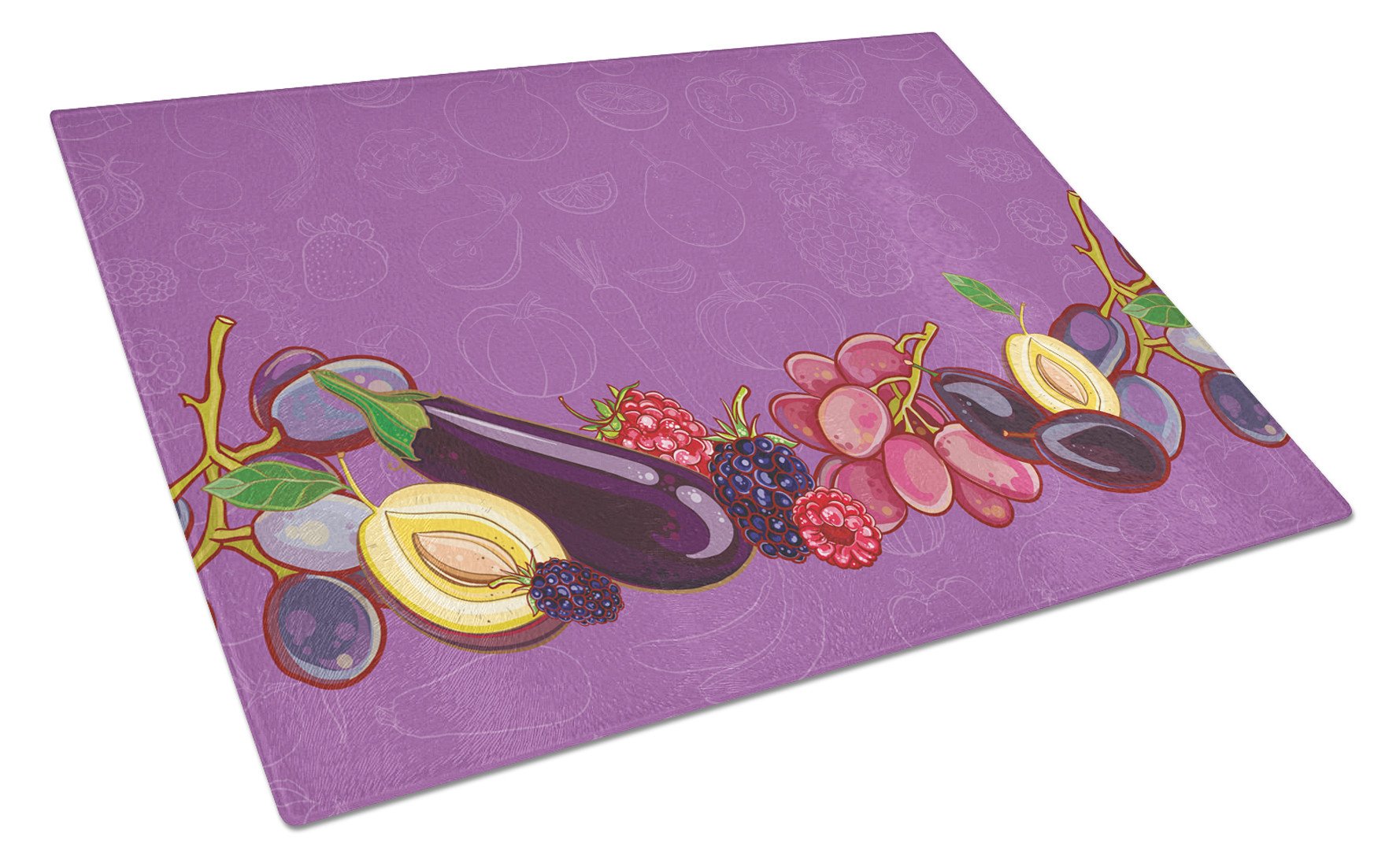 Fruits and Vegetables in Purple Cutting Board Tempered Glass Kitchen Cutting Surface, Heat Resistant Chopping, Non-Slip Feet, Food Prep & Serving