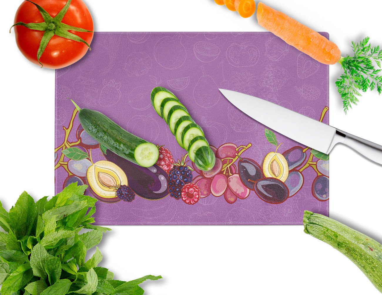 Fruits and Vegetables in Purple Cutting Board Tempered Glass Kitchen Cutting Surface, Heat Resistant Chopping, Non-Slip Feet, Food Prep & Serving