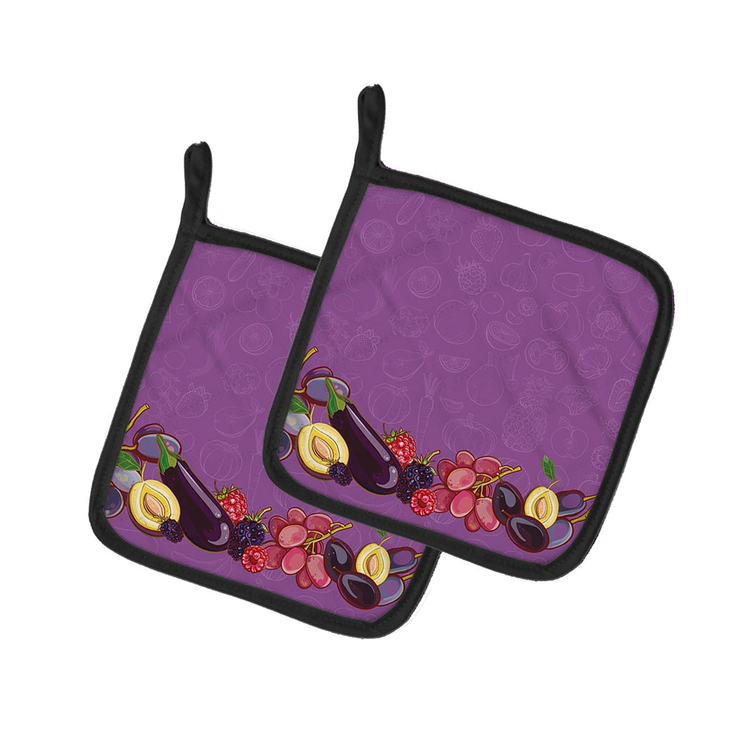 Fruits and Vegetables in Purple Pot Holder Set of 2 Heat Resistant Quilted Hot Pads 7.5 x 7.5 Inch, Insulated Kitchen Trivets for Cooking & Baking