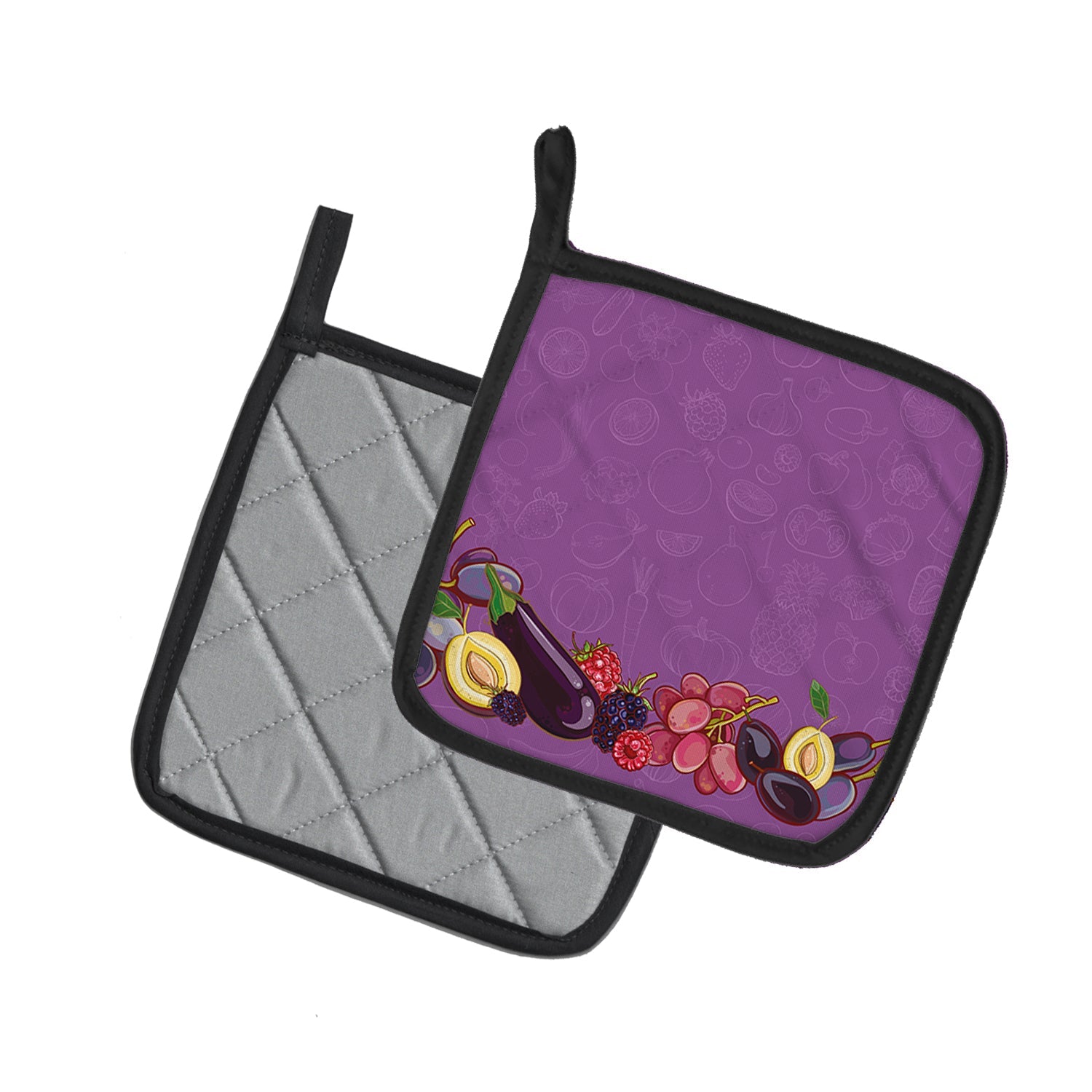 Fruits and Vegetables in Purple Pot Holder Set of 2 Heat Resistant Quilted Hot Pads 7.5 x 7.5 Inch, Insulated Kitchen Trivets for Cooking & Baking