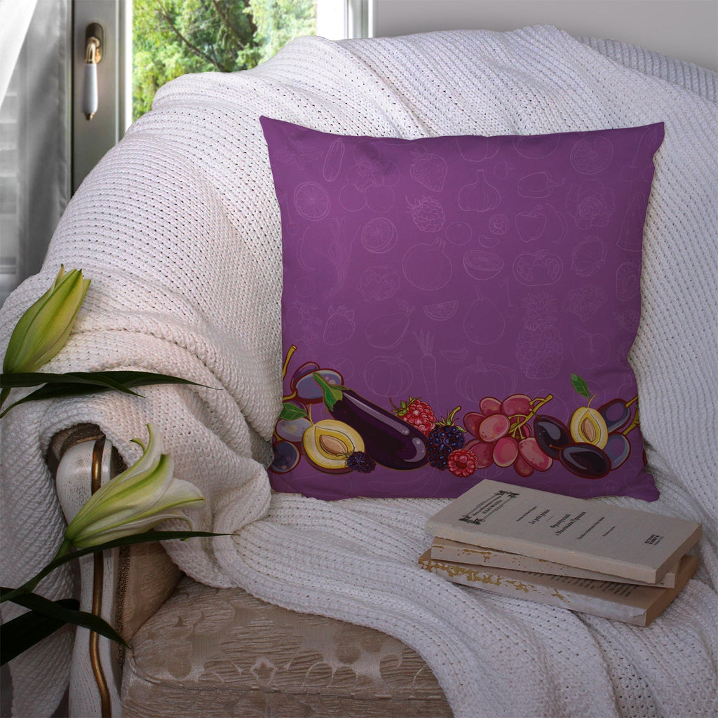 Fruits and Vegetables in Purple Decorative Throw Pillow 14x14 Indoor Outdoor Accent Cushion, Fabric Cover with Insert for Sofa, Bed, Porch & Living Room