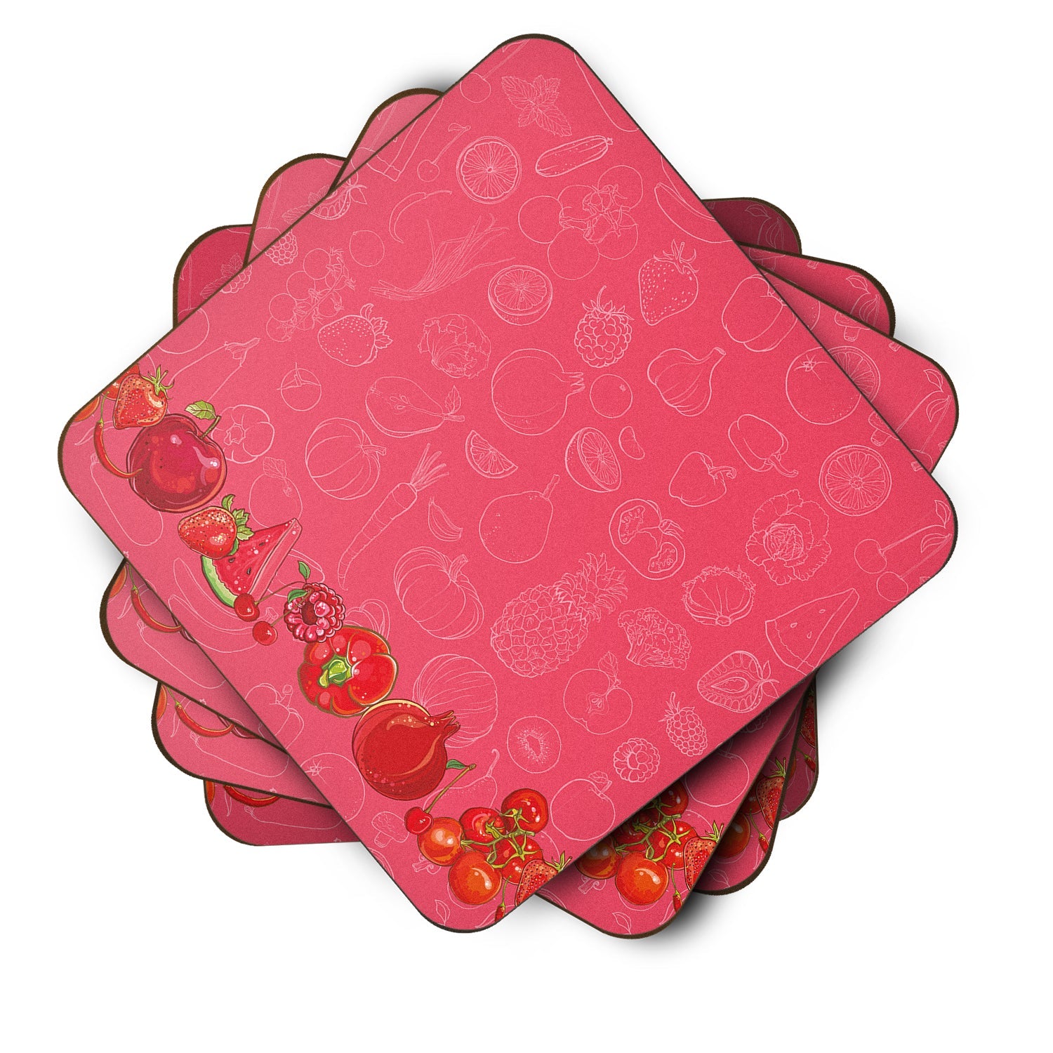 Fruits and Vegetables in Red Foam Coasters Set of 4 Cup Coasters for Indoor Outdoor, Tabletop Protection, Anti Slip, Mouse pad Material
