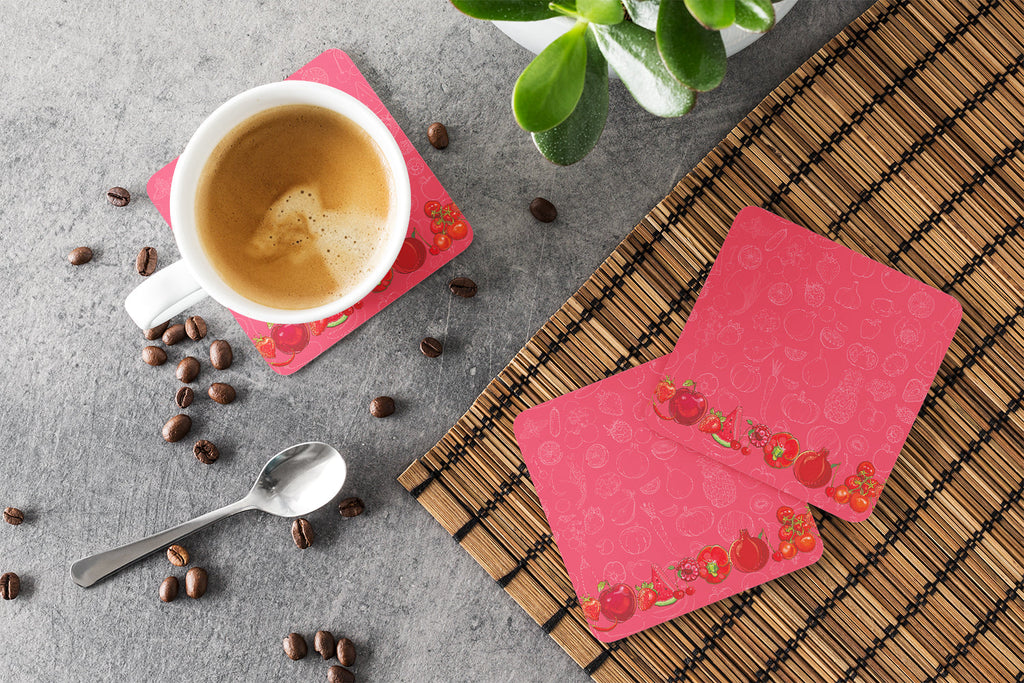 Fruits and Vegetables in Red Foam Coasters Set of 4 Cup Coasters for Indoor Outdoor, Tabletop Protection, Anti Slip, Mouse pad Material