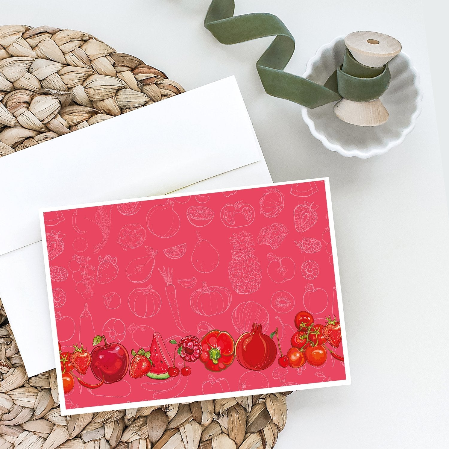 Fruits and Vegetables in Red Greeting Cards Pack of 8 Blank Cards with Envelopes Whimsical A7 Size 5x7