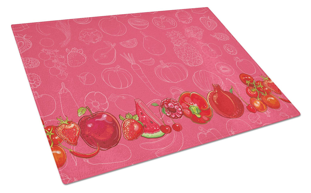 Fruits and Vegetables in Red Cutting Board Tempered Glass Kitchen Cutting Surface, Heat Resistant Chopping, Non-Slip Feet, Food Prep & Serving