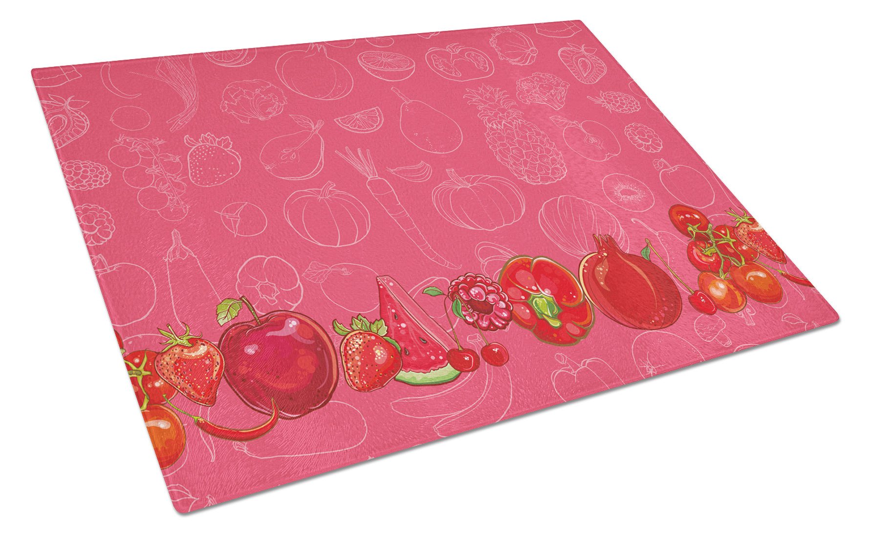 Fruits and Vegetables in Red Cutting Board Tempered Glass Kitchen Cutting Surface, Heat Resistant Chopping, Non-Slip Feet, Food Prep & Serving