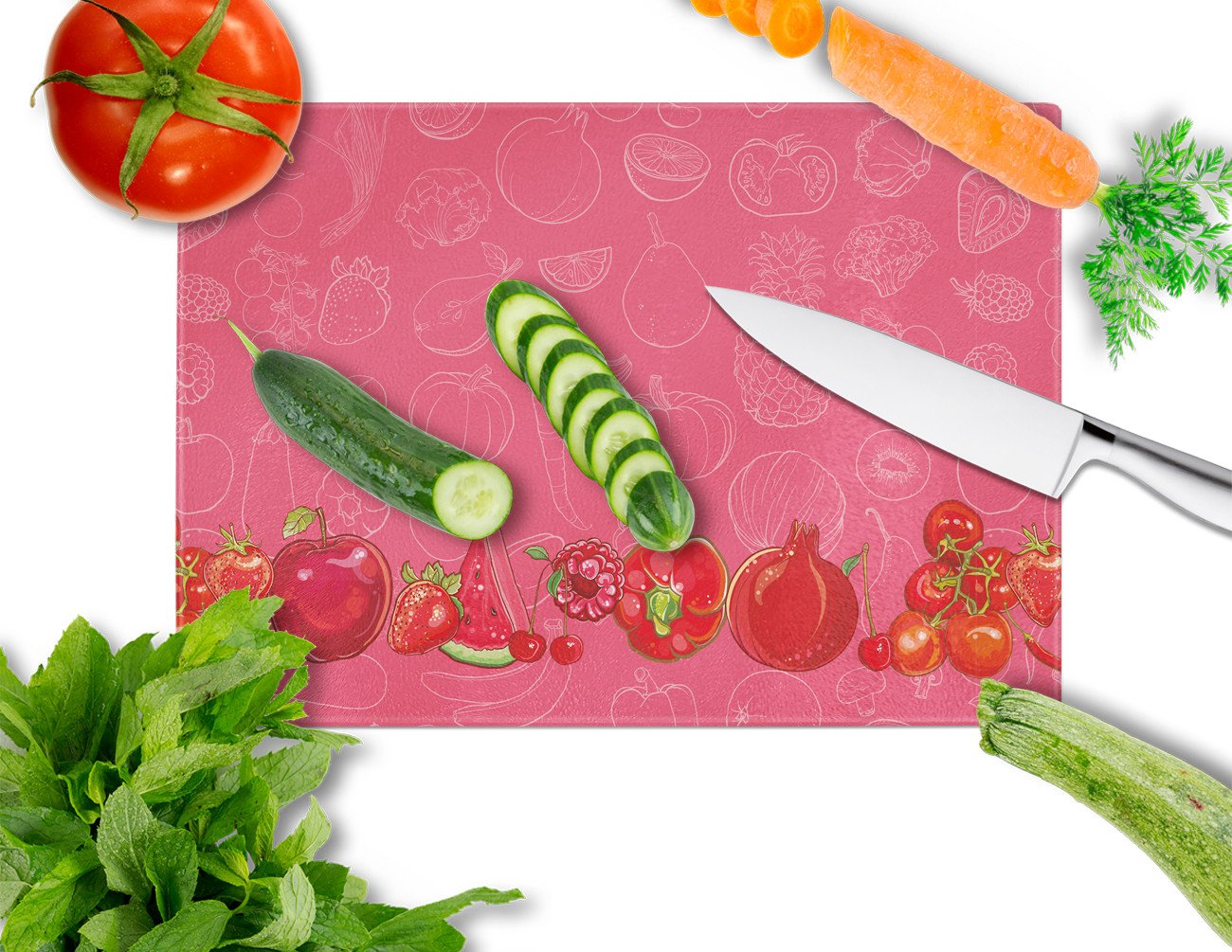 Fruits and Vegetables in Red Cutting Board Tempered Glass Kitchen Cutting Surface, Heat Resistant Chopping, Non-Slip Feet, Food Prep & Serving