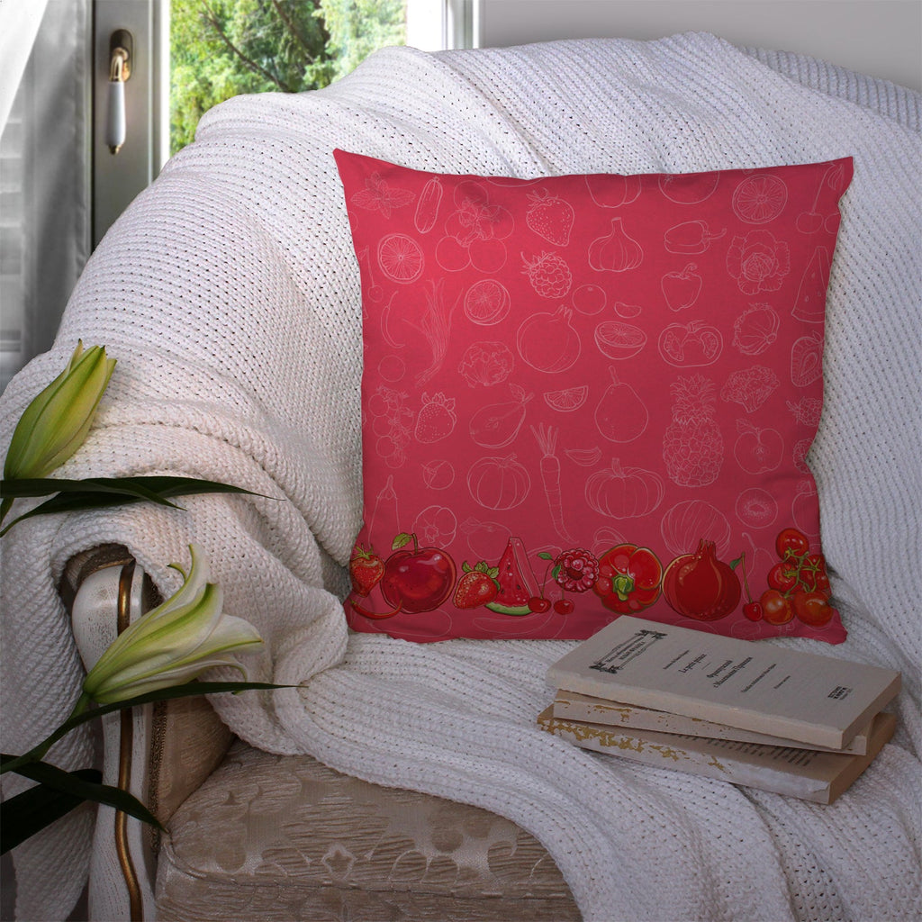 Fruits and Vegetables in Red Decorative Throw Pillow 14x14 Indoor Outdoor Accent Cushion, Fabric Cover with Insert for Sofa, Bed, Porch & Living Room