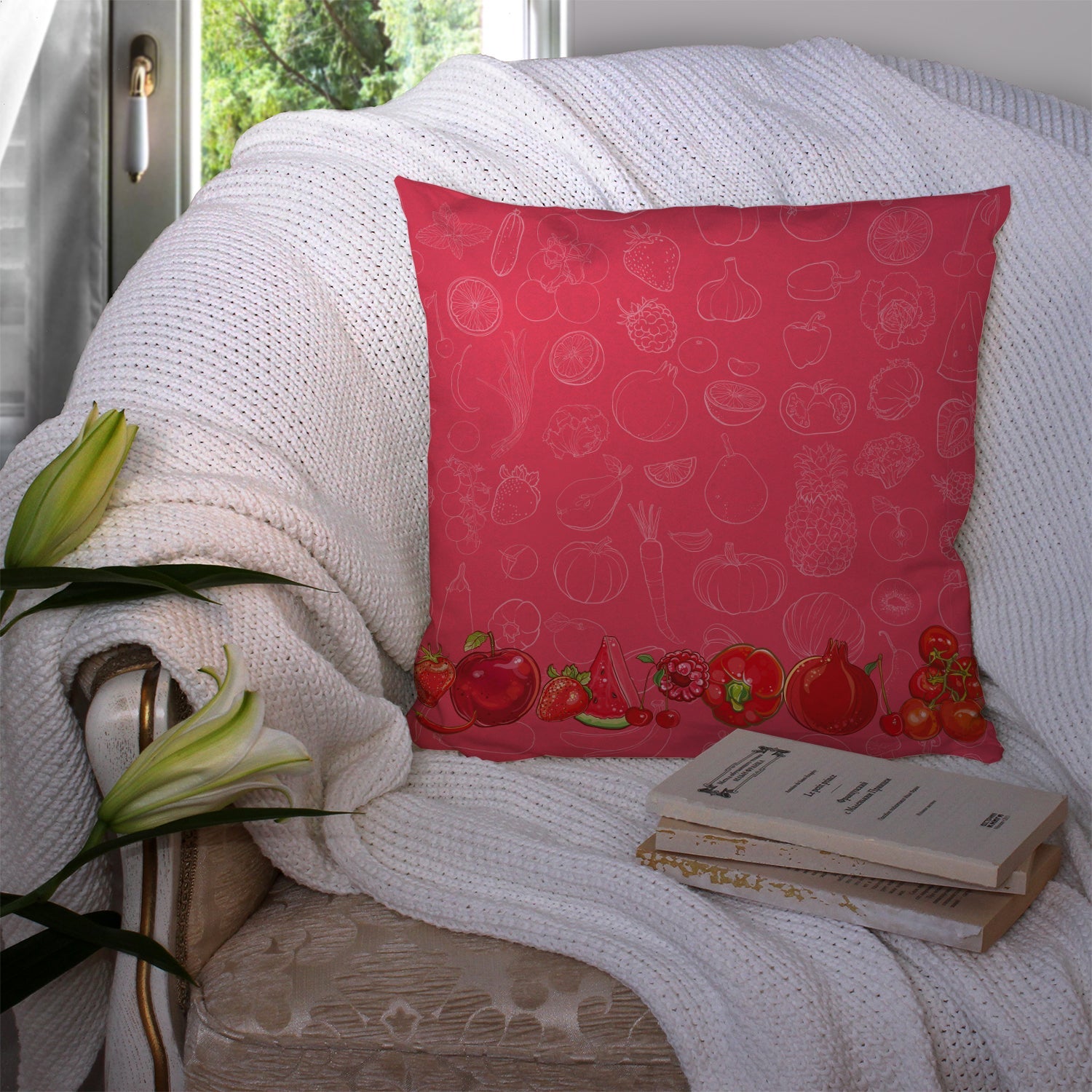 Fruits and Vegetables in Red Decorative Throw Pillow 14x14 Indoor Outdoor Accent Cushion, Fabric Cover with Insert for Sofa, Bed, Porch & Living Room