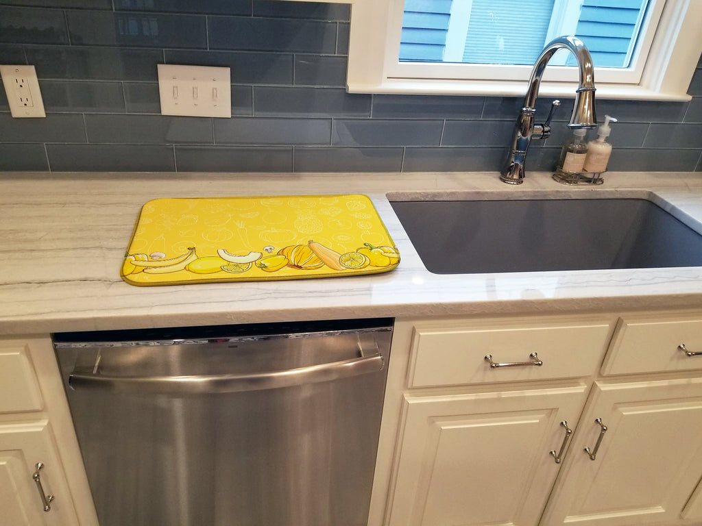 Fruits and Vegetables in Yellow Dish Drying Mat Absorbent Dish Drying Mat Pad for Kitchen Counter Dish Drainer Mat for Countertop, 14 x 21", Multicolor