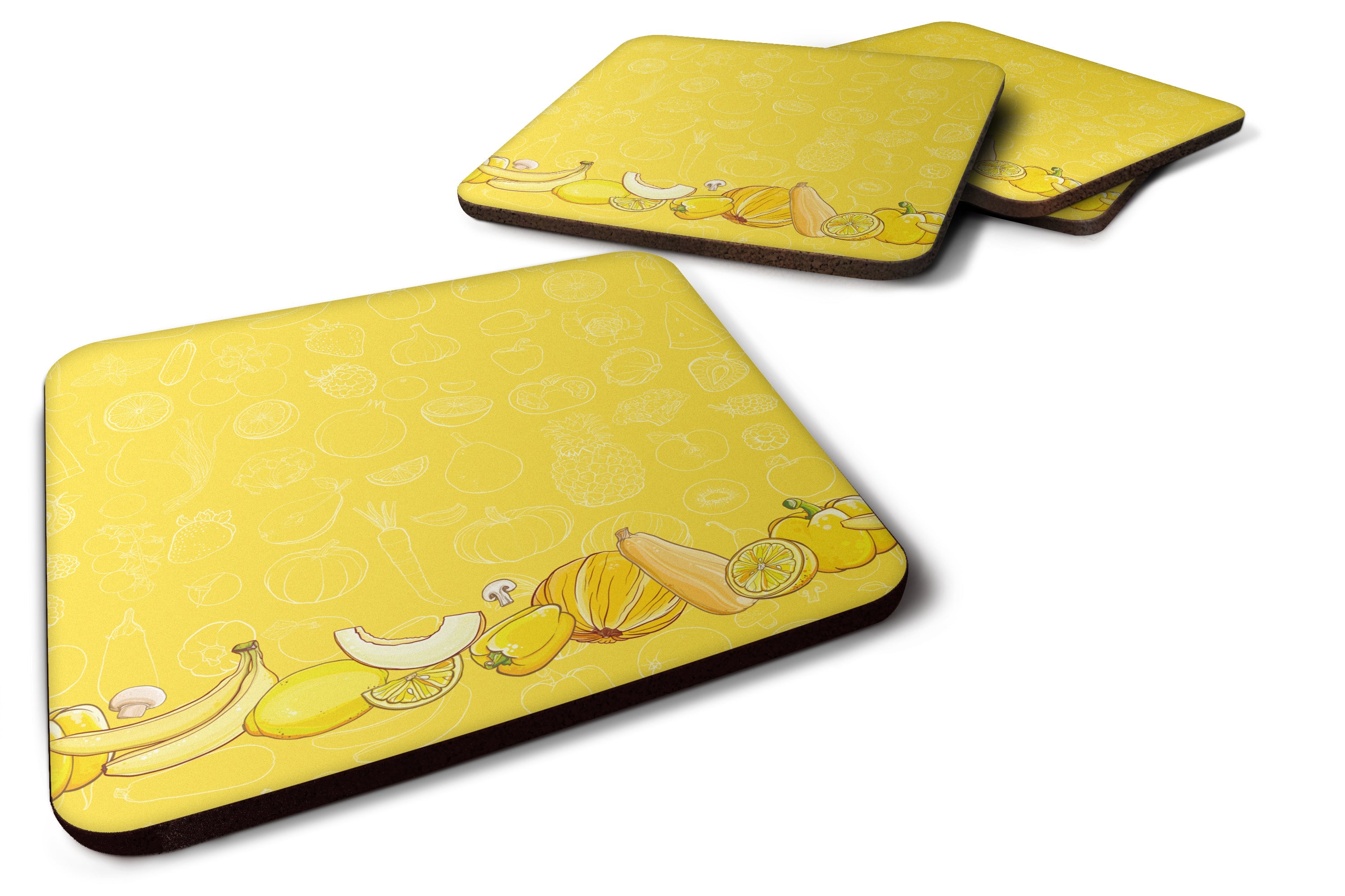 Fruits and Vegetables in Yellow Foam Coasters Set of 4 Cup Coasters for Indoor Outdoor, Tabletop Protection, Anti Slip, Mouse pad Material