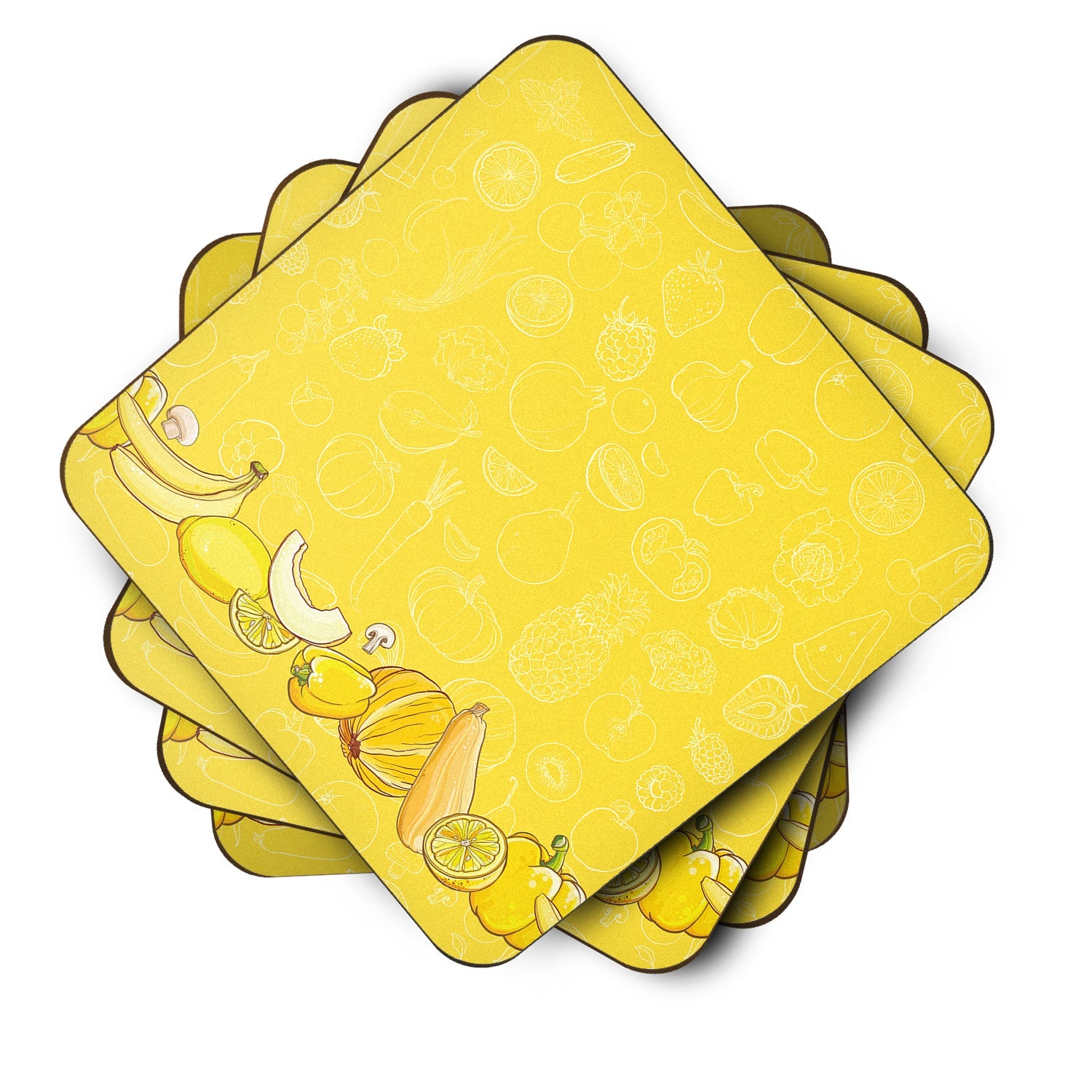 Fruits and Vegetables in Yellow Foam Coasters Set of 4 Cup Coasters for Indoor Outdoor, Tabletop Protection, Anti Slip, Mouse pad Material