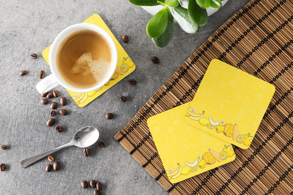 Fruits and Vegetables in Yellow Foam Coasters Set of 4 Cup Coasters for Indoor Outdoor, Tabletop Protection, Anti Slip, Mouse pad Material