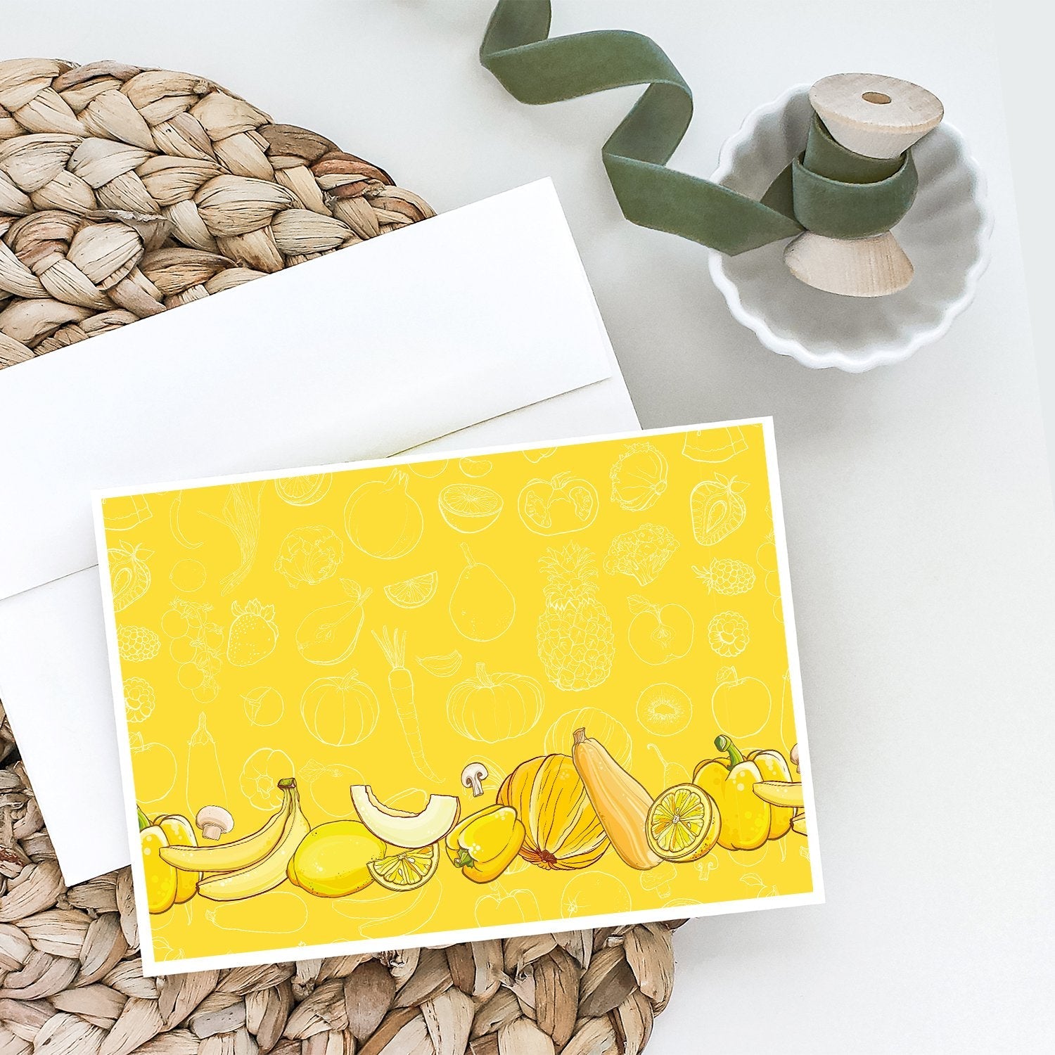 Fruits and Vegetables in Yellow Greeting Cards Pack of 8 Blank Cards with Envelopes Whimsical A7 Size 5x7