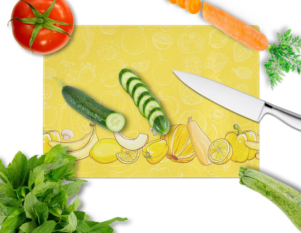Fruits and Vegetables in Yellow Cutting Board Tempered Glass Kitchen Cutting Surface, Heat Resistant Chopping, Non-Slip Feet, Food Prep & Serving