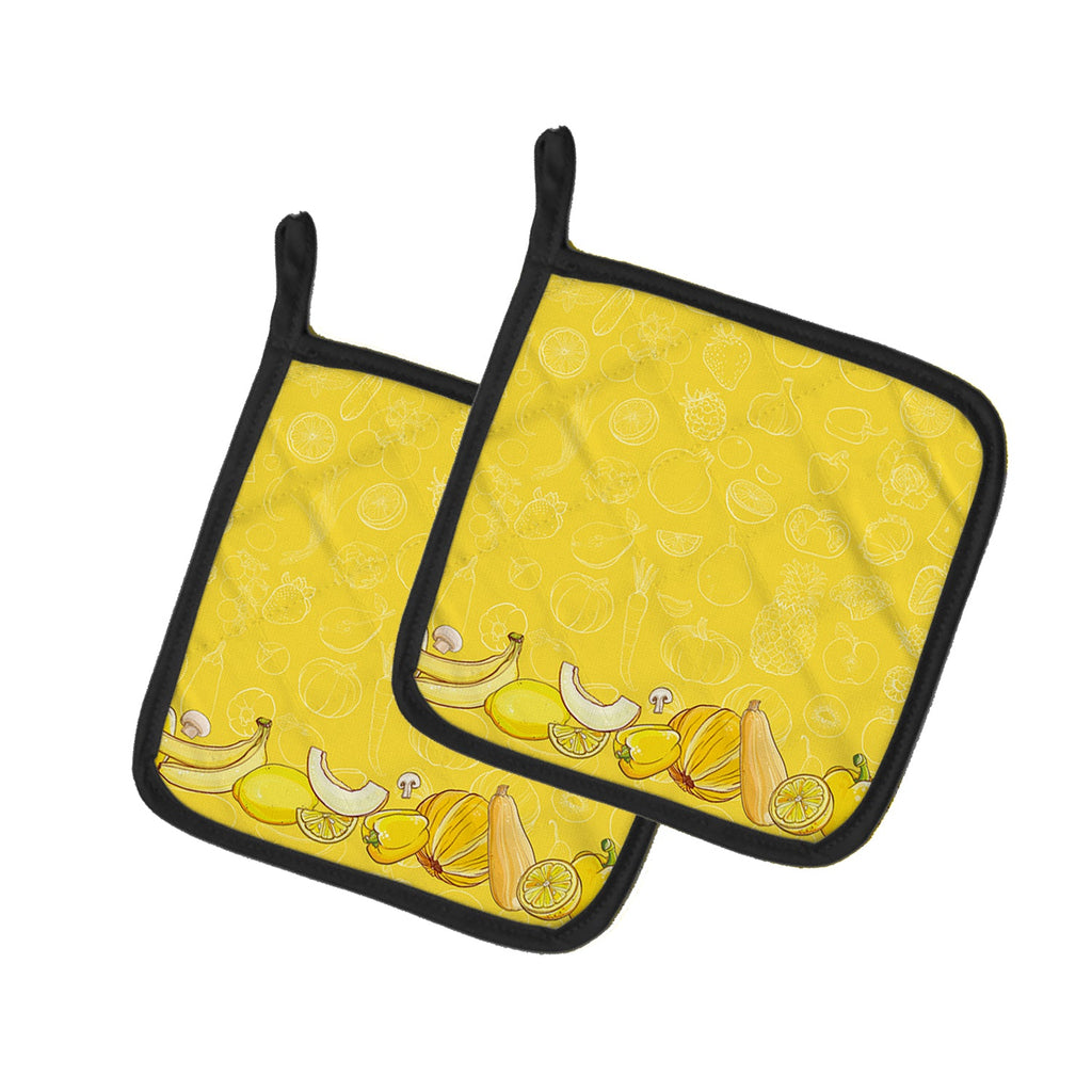 Fruits and Vegetables in Yellow Pot Holder Set of 2 Heat Resistant Quilted Hot Pads 7.5 x 7.5 Inch, Insulated Kitchen Trivets for Cooking & Baking