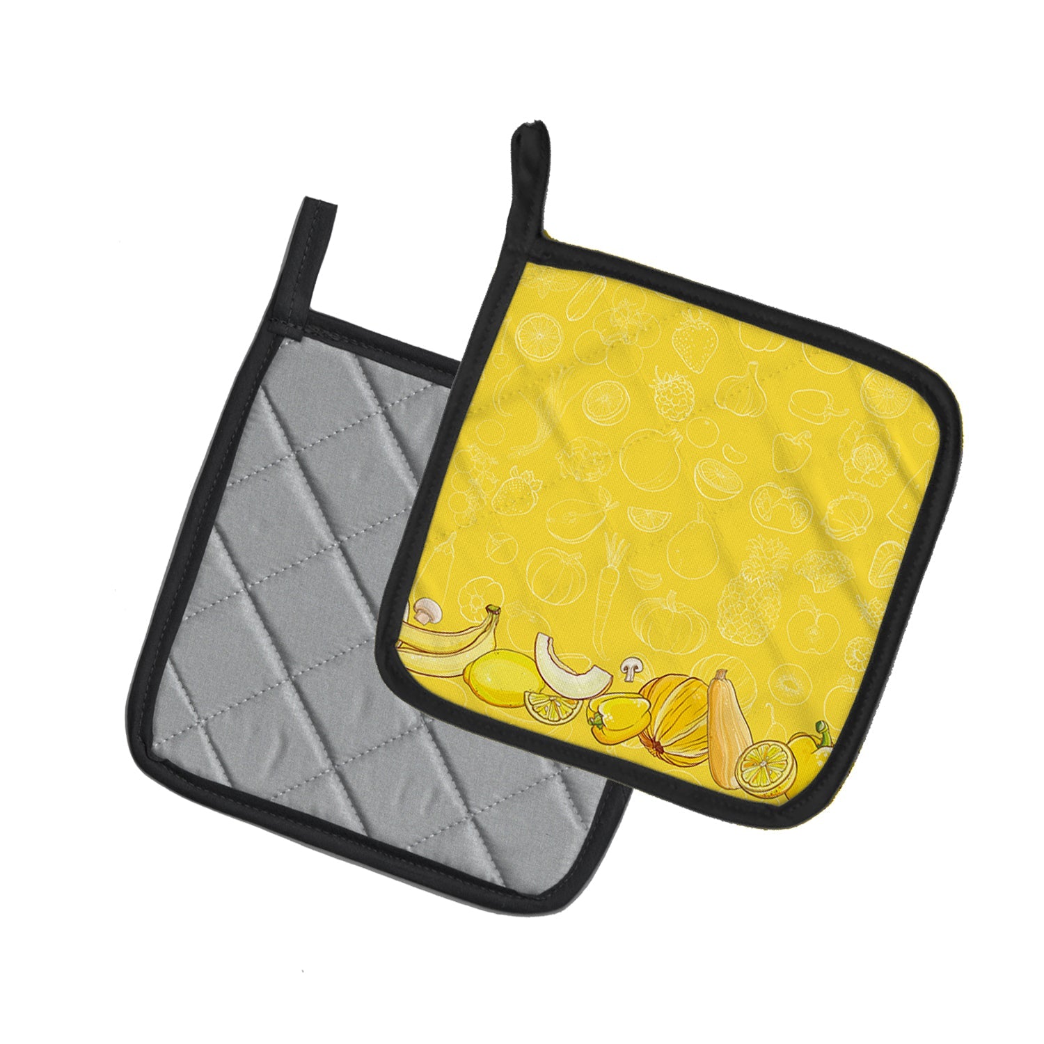 Fruits and Vegetables in Yellow Pot Holder Set of 2 Heat Resistant Quilted Hot Pads 7.5 x 7.5 Inch, Insulated Kitchen Trivets for Cooking & Baking