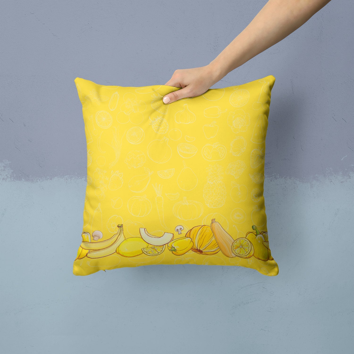 Fruits and Vegetables in Yellow Decorative Throw Pillow 14x14 Indoor Outdoor Accent Cushion, Fabric Cover with Insert for Sofa, Bed, Porch & Living Room