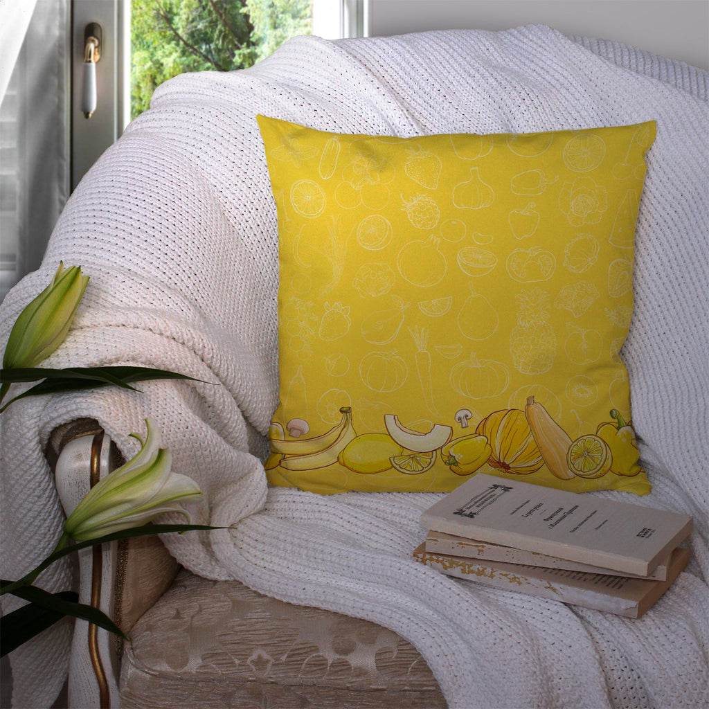 Fruits and Vegetables in Yellow Decorative Throw Pillow 14x14 Indoor Outdoor Accent Cushion, Fabric Cover with Insert for Sofa, Bed, Porch & Living Room