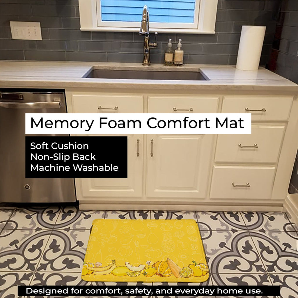Fruits and Vegetables in Yellow Memory Foam Kitchen Mat Machine Washable Anti-Fatigue Cushion Comfort Bath or Kitchen Rug