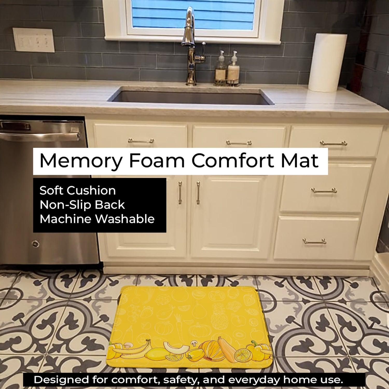 Fruits and Vegetables in Yellow Memory Foam Kitchen Mat Machine Washable Anti-Fatigue Cushion Comfort Bath or Kitchen Rug