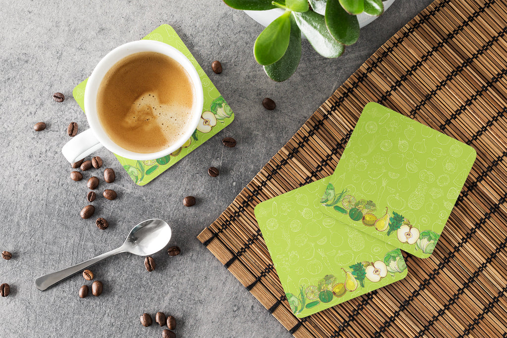 Fruits and Vegetables in Green Foam Coasters Set of 4 Cup Coasters for Indoor Outdoor, Tabletop Protection, Anti Slip, Mouse pad Material