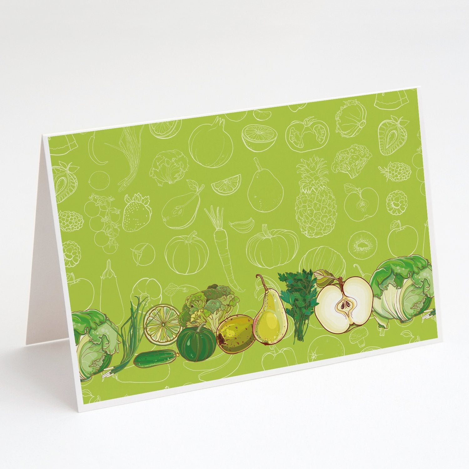 Fruits and Vegetables in Green Greeting Cards Pack of 8 Blank Cards with Envelopes Whimsical A7 Size 5x7