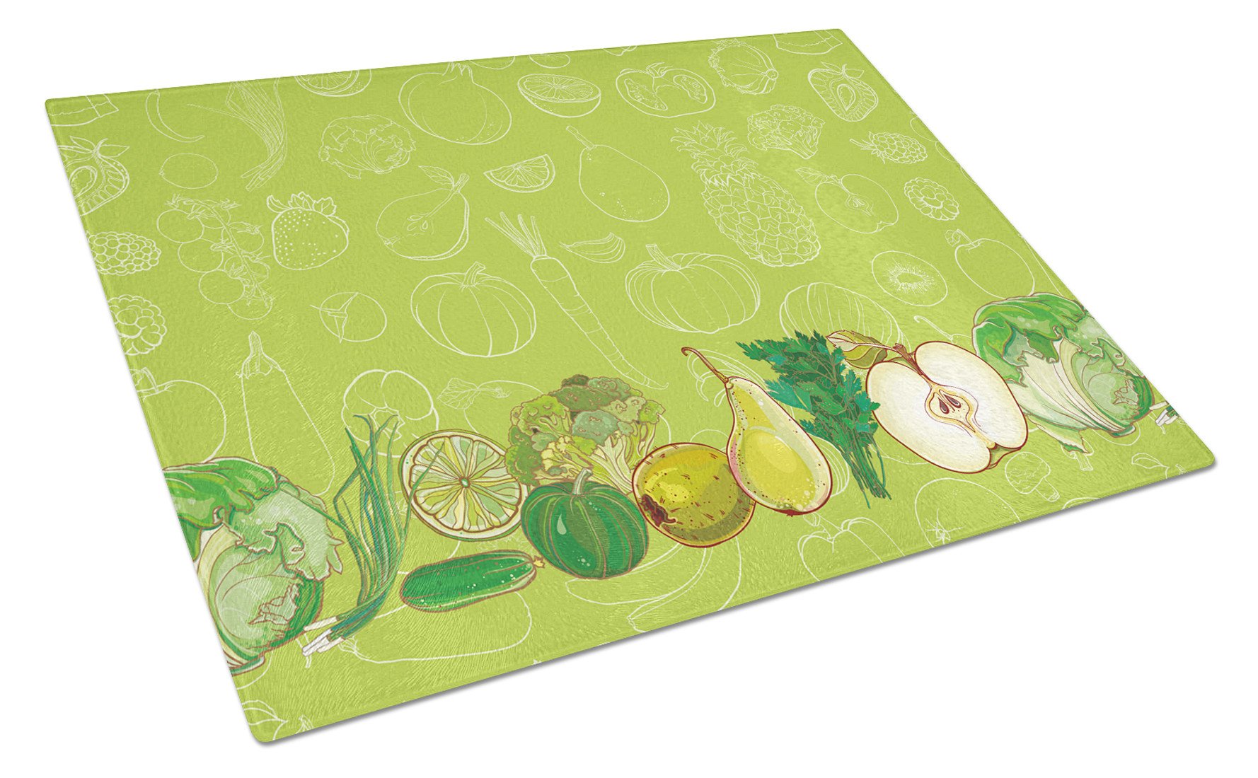 Fruits and Vegetables in Green Cutting Board Tempered Glass Kitchen Cutting Surface, Heat Resistant Chopping, Non-Slip Feet, Food Prep & Serving