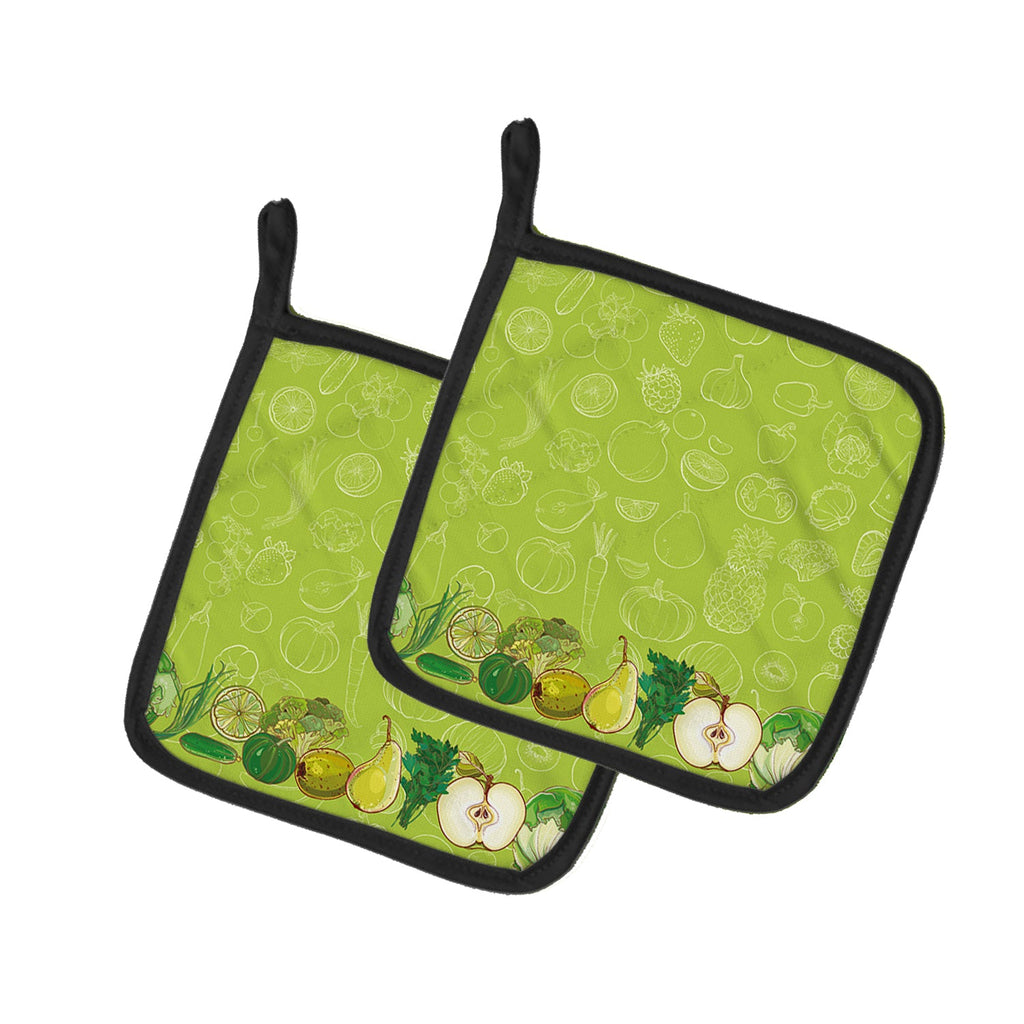 Fruits and Vegetables in Green Pot Holder Set of 2 Heat Resistant Quilted Hot Pads 7.5 x 7.5 Inch, Insulated Kitchen Trivets for Cooking & Baking