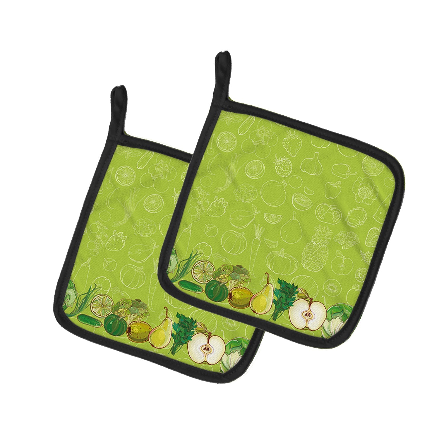 Fruits and Vegetables in Green Pot Holder Set of 2 Heat Resistant Quilted Hot Pads 7.5 x 7.5 Inch, Insulated Kitchen Trivets for Cooking & Baking