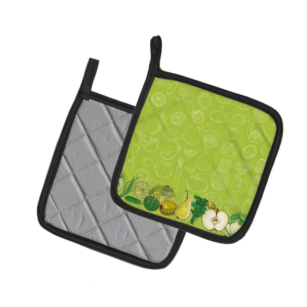Fruits and Vegetables in Green Pot Holder Set of 2 Heat Resistant Quilted Hot Pads 7.5 x 7.5 Inch, Insulated Kitchen Trivets for Cooking & Baking