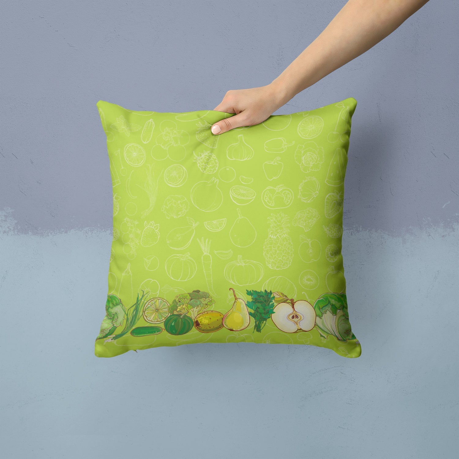 Fruits and Vegetables in Green Decorative Throw Pillow 14x14 Indoor Outdoor Accent Cushion, Fabric Cover with Insert for Sofa, Bed, Porch & Living Room