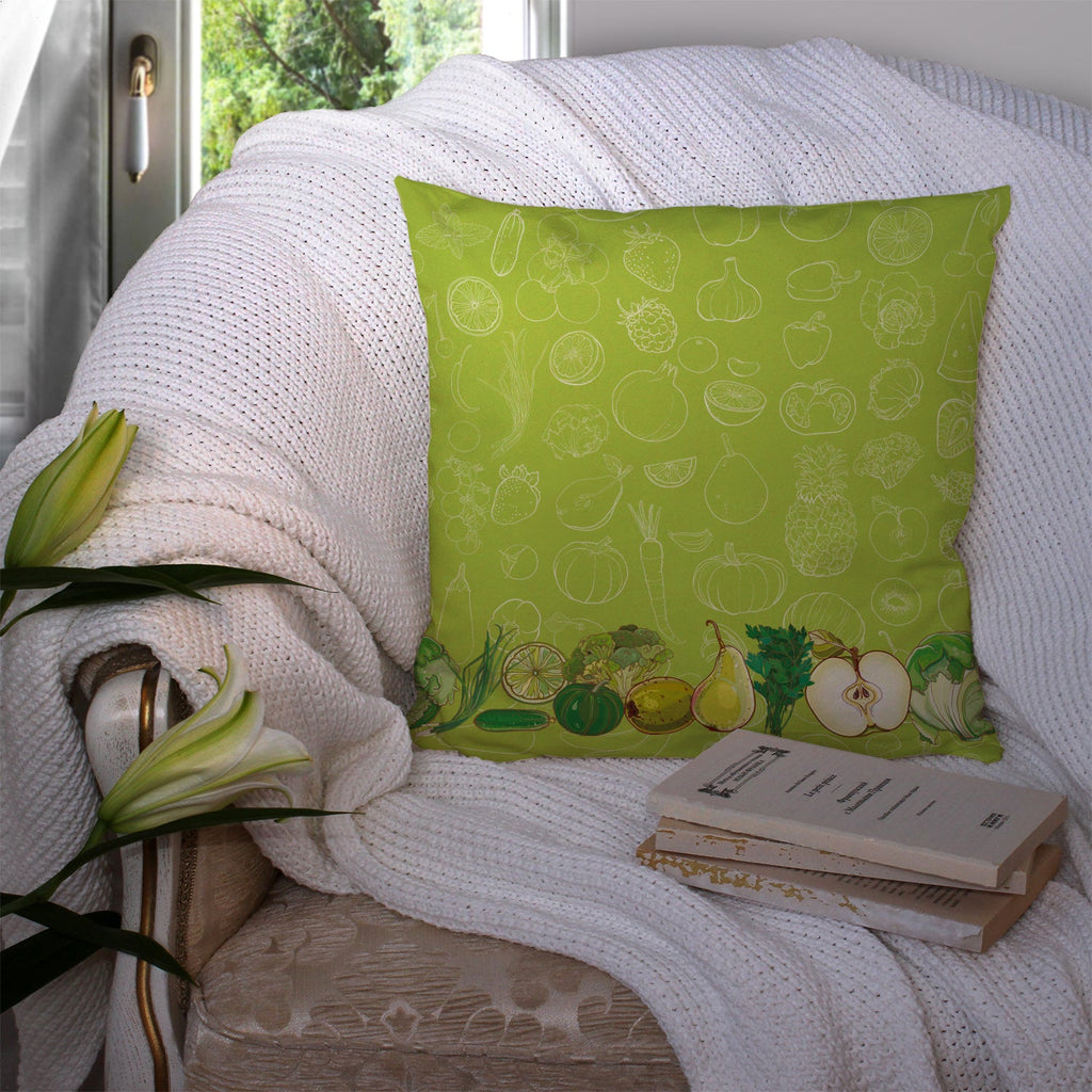 Fruits and Vegetables in Green Decorative Throw Pillow 14x14 Indoor Outdoor Accent Cushion, Fabric Cover with Insert for Sofa, Bed, Porch & Living Room