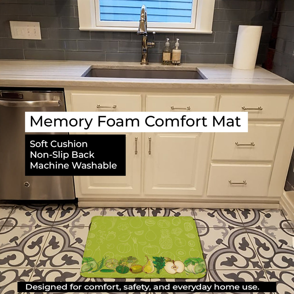 Fruits and Vegetables in Green Memory Foam Kitchen Mat Machine Washable Anti-Fatigue Cushion Comfort Bath or Kitchen Rug