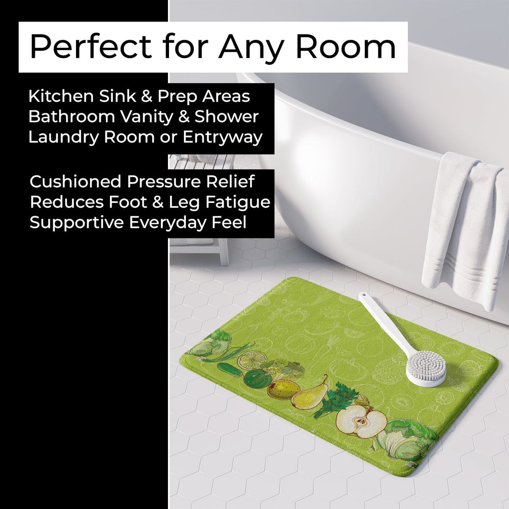 Fruits and Vegetables in Green Memory Foam Kitchen Mat Machine Washable Anti-Fatigue Cushion Comfort Bath or Kitchen Rug