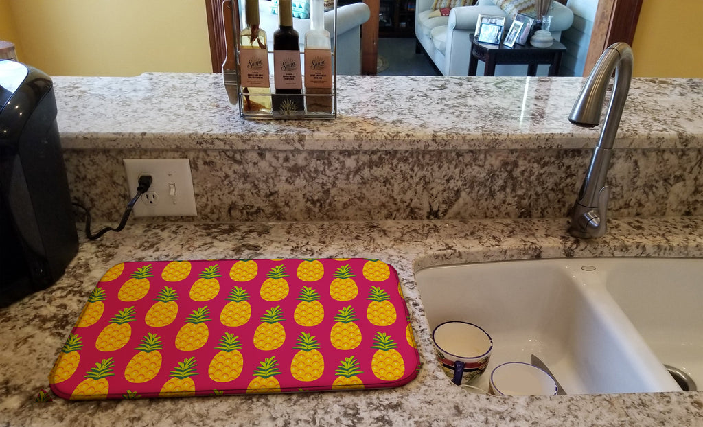 Pineapples on Pink Dish Drying Mat Absorbent Dish Drying Mat Pad for Kitchen Counter Dish Drainer Mat for Countertop, 14 x 21", Multicolor