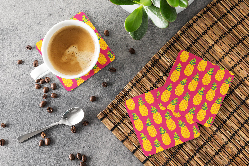 Pineapples on Pink Foam Coasters Set of 4 Cup Coasters for Indoor Outdoor, Tabletop Protection, Anti Slip, Mouse pad Material