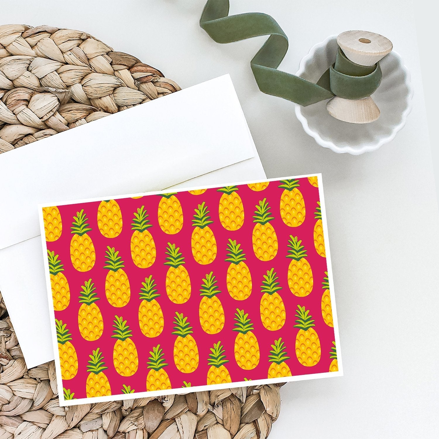 Pineapples on Pink Greeting Cards Pack of 8 Blank Cards with Envelopes Whimsical A7 Size 5x7