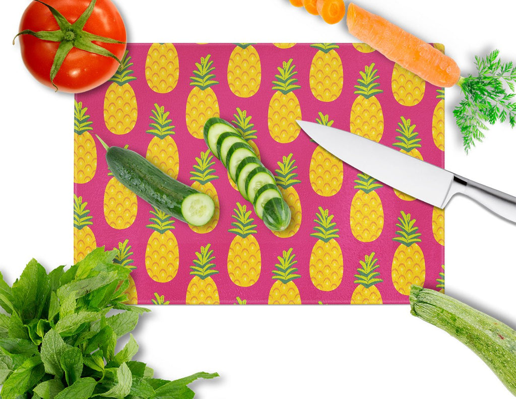 Pineapples on Pink Cutting Board Tempered Glass Kitchen Cutting Surface, Heat Resistant Chopping, Non-Slip Feet, Food Prep & Serving