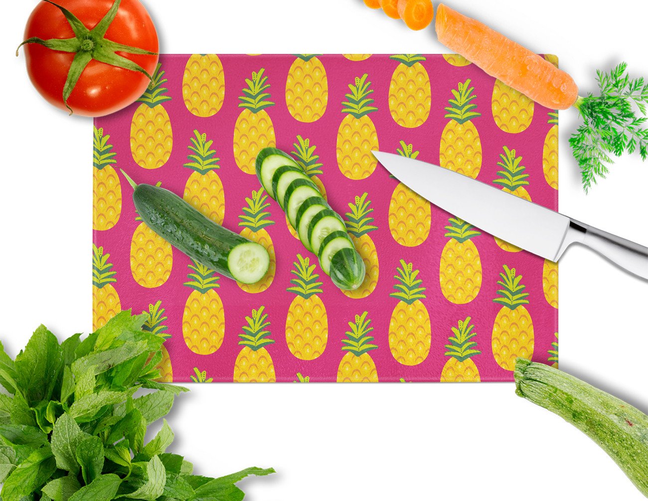 Pineapples on Pink Cutting Board Tempered Glass Kitchen Cutting Surface, Heat Resistant Chopping, Non-Slip Feet, Food Prep & Serving