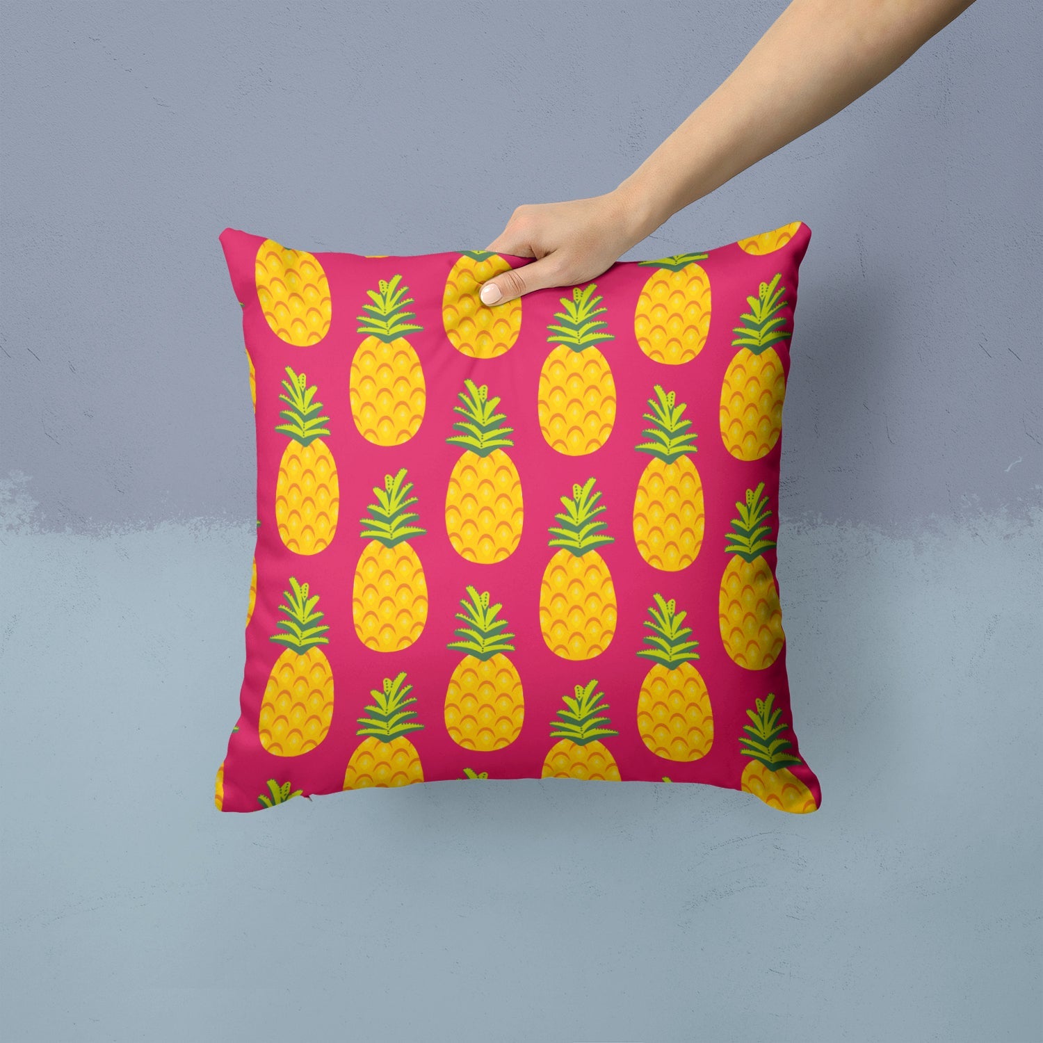 Pineapples on Pink Decorative Throw Pillow 14x14 Indoor Outdoor Accent Cushion, Fabric Cover with Insert for Sofa, Bed, Porch & Living Room