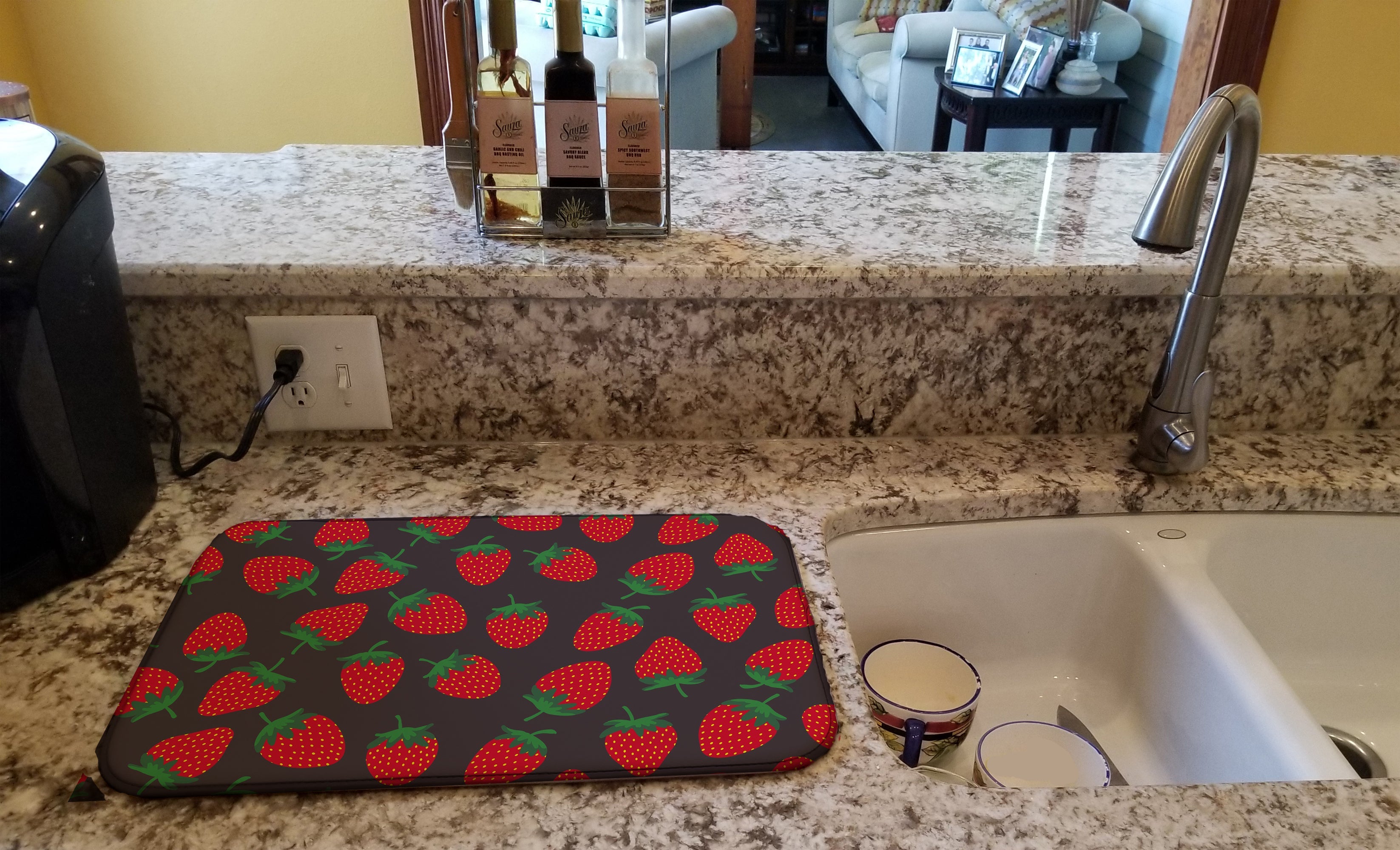 Strawberries on Gray Dish Drying Mat Absorbent Dish Drying Mat Pad for Kitchen Counter Dish Drainer Mat for Countertop, 14 x 21", Multicolor
