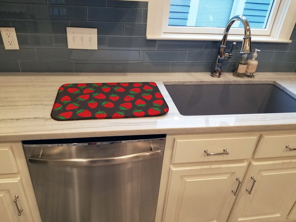 Strawberries on Gray Dish Drying Mat Absorbent Dish Drying Mat Pad for Kitchen Counter Dish Drainer Mat for Countertop, 14 x 21", Multicolor