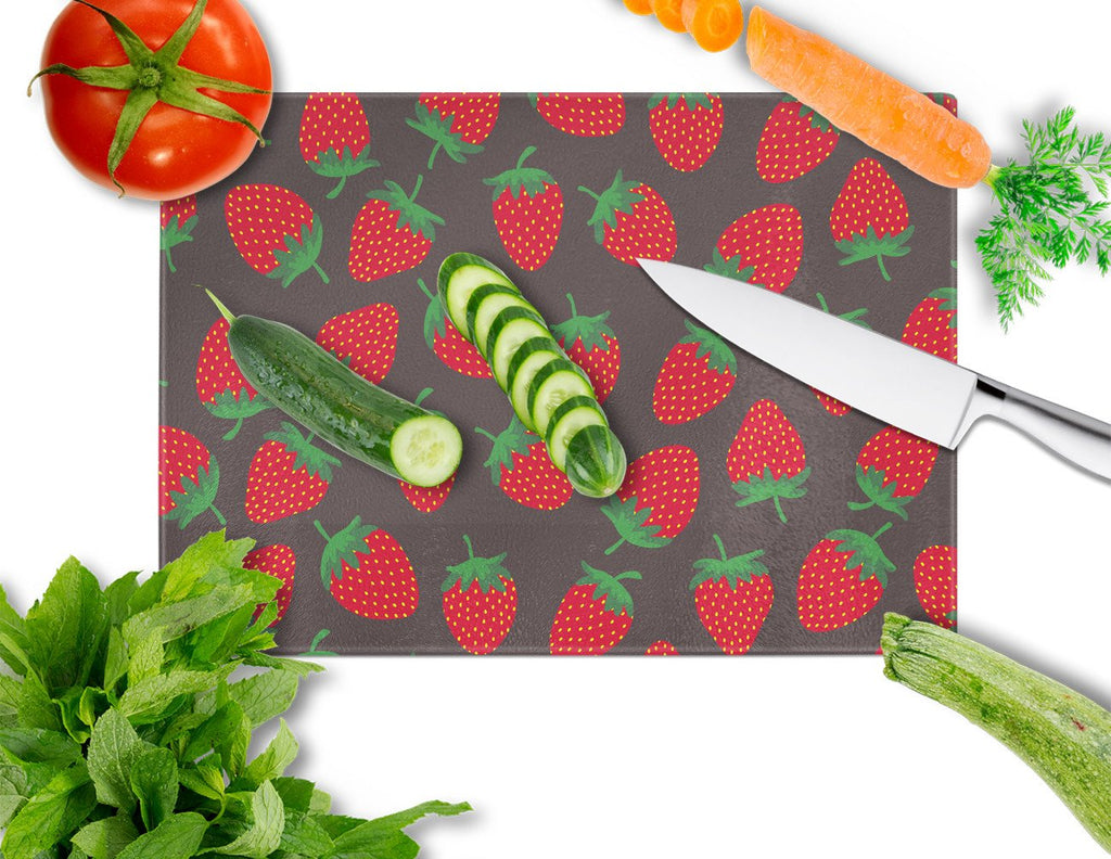 Strawberries on Gray Cutting Board Tempered Glass Kitchen Cutting Surface, Heat Resistant Chopping, Non-Slip Feet, Food Prep & Serving