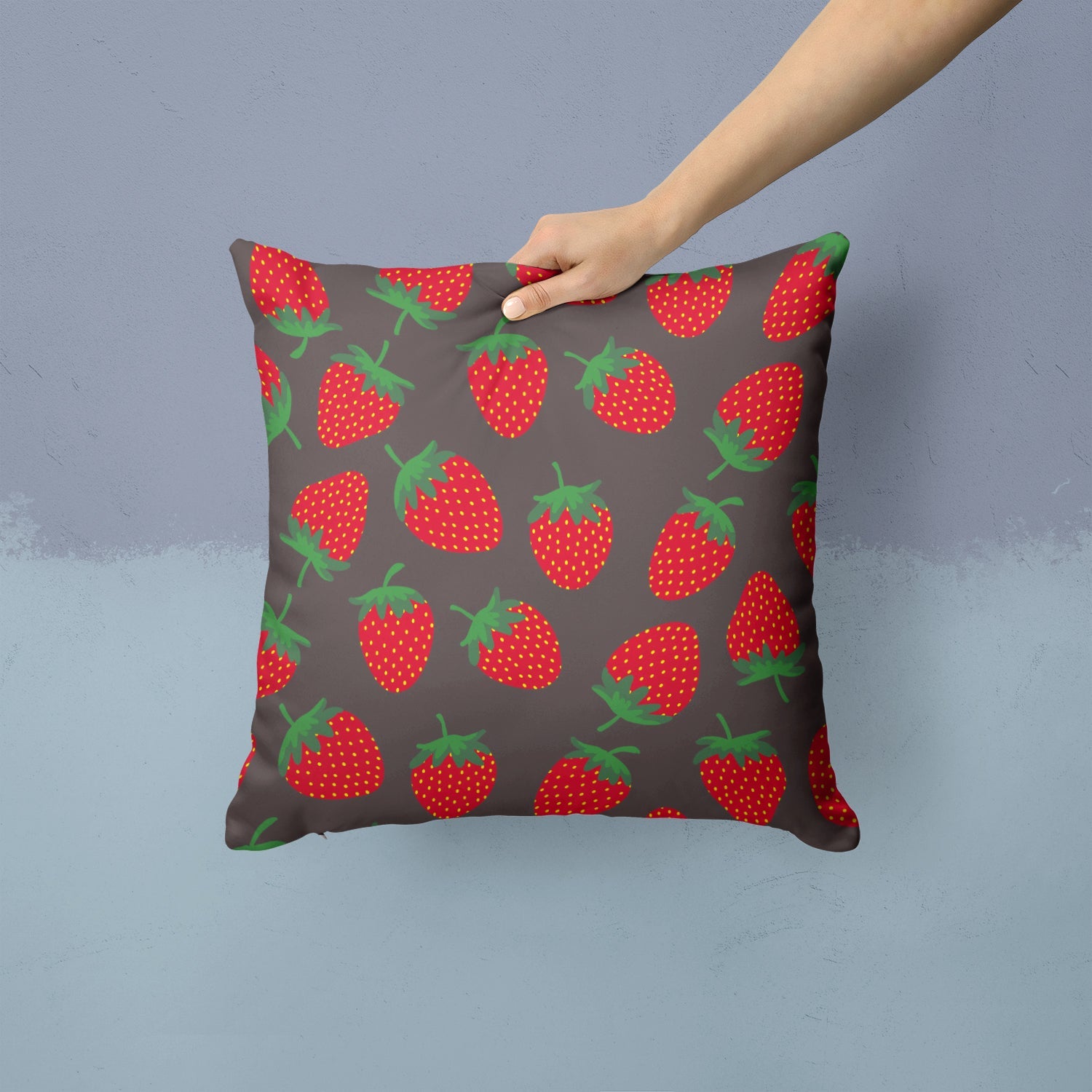 Strawberries on Gray Decorative Throw Pillow 14x14 Indoor Outdoor Accent Cushion, Fabric Cover with Insert for Sofa, Bed, Porch & Living Room