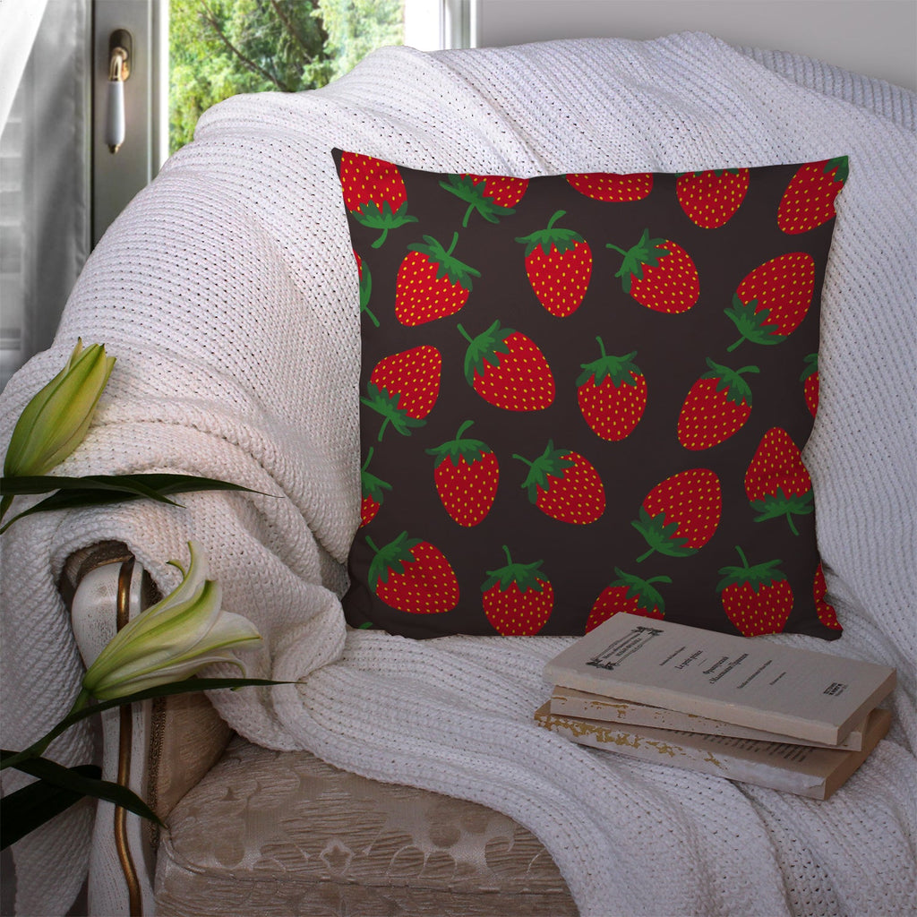 Strawberries on Gray Decorative Throw Pillow 14x14 Indoor Outdoor Accent Cushion, Fabric Cover with Insert for Sofa, Bed, Porch & Living Room